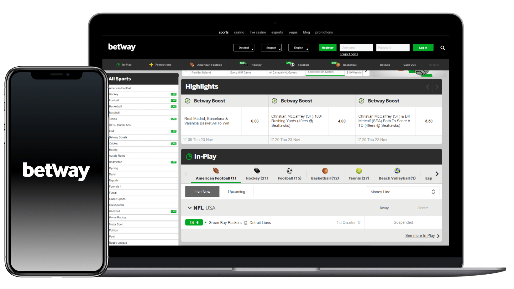 A screenshot of betway's user interface. betway is one of the best sportbooks in canada.