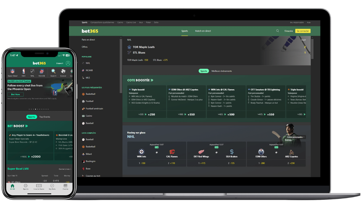 A screenshot view of the homepage on desktop and mobile for bet365 Quebec sports betting.