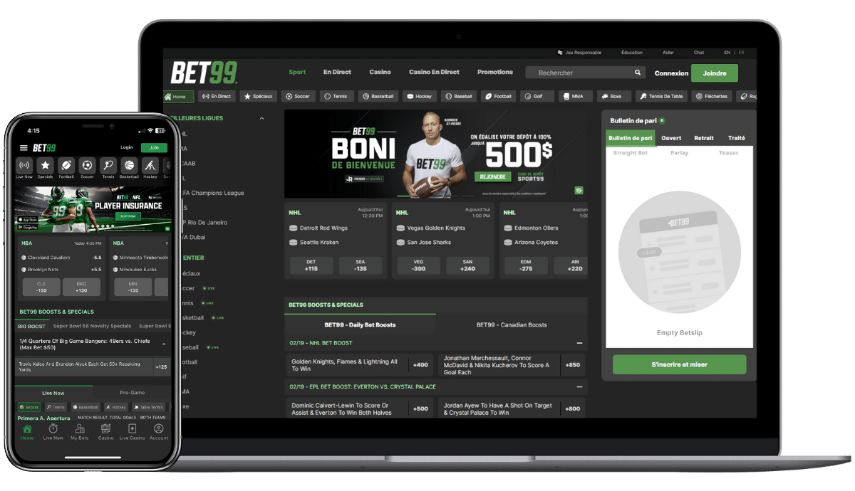 A screenshot view of the homepage on desktop and mobile for BET99 Quebec sports betting.