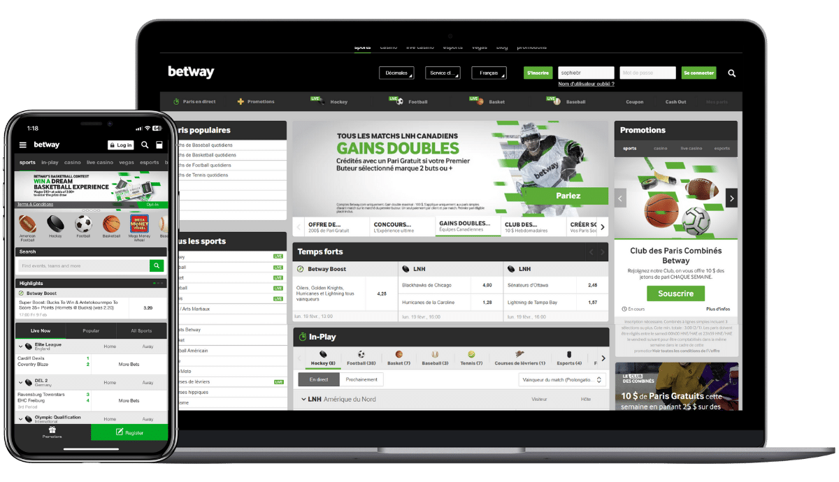 A screenshot view of the homepage on desktop and mobile for betway sports betting Quebec.
