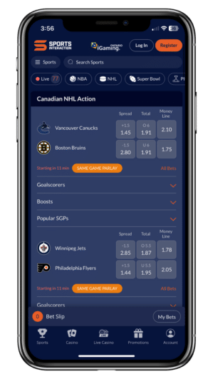 A view of Sports Interaction's mobile app displaying betting odds for the NHL