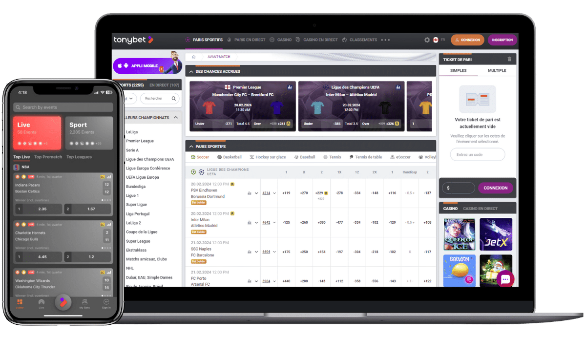 A screenshot view of the homepage on desktop and mobile for tonybet sports betting Quebec.