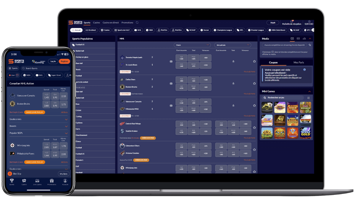 A screenshot view of the homepage on desktop and mobile for sports interaction sports betting quebec.