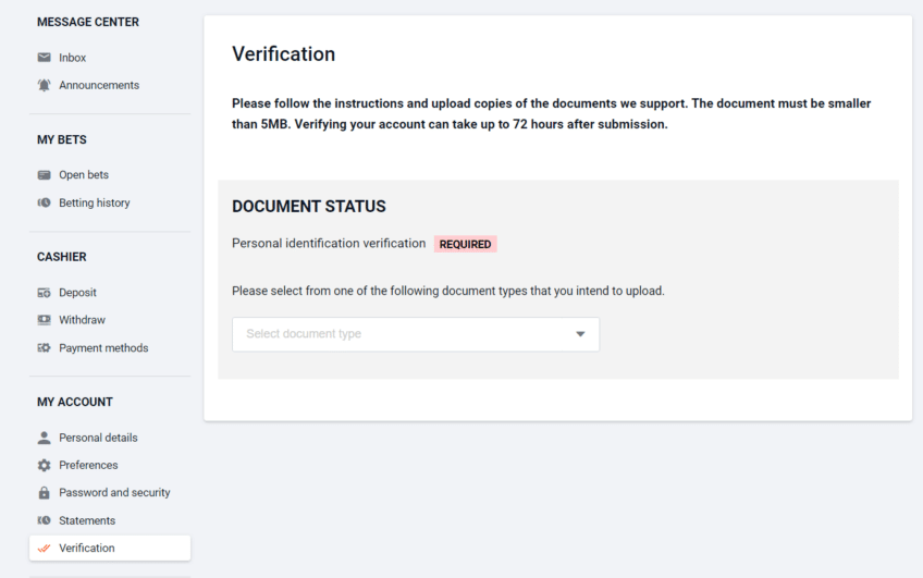 Screenshot of the verification process at Pinnacle. On the screen, the user must upload a personal document to verify their identity.