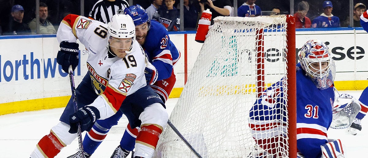 Matthew Tkachuk #19 of the Florida Panthers carries the puck against the New York Rangers during the third period at Madison Square Garden on March 04, 2024 in New York City.