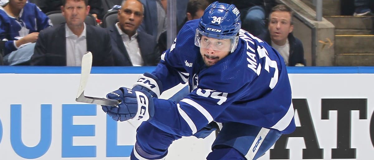 Auston Matthews #34 of the Toronto Maple Leafs lets a shot go against the Boston Bruins in Game Three of the First Round of the 2024 Stanley Cup Playoffs at Scotiabank Arena on April 24, 2024 in Toronto, Ontario, Canada.