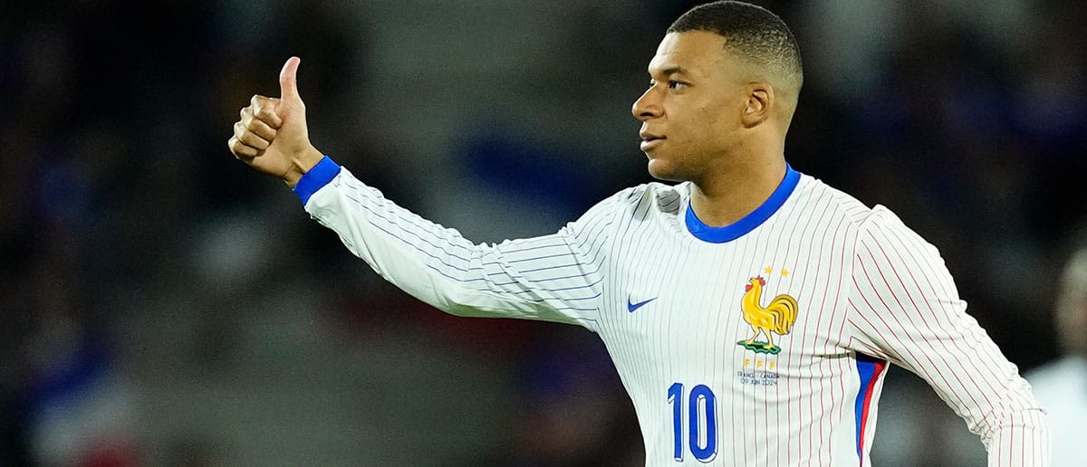 Kylian Mbappe centre-forward of France and Real Madrid reacts during the friendly match between France and Canada at Nouveau Stade Bordeaux on June 9, 2024 in Bordeaux, France.