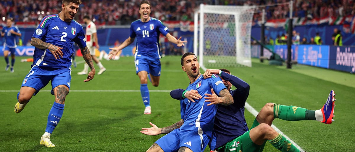 Mattia Zaccagni of Italy celebrates after scoring his sides first goal during the UEFA EURO 2024 group stage match between Croatia and Italy at Football Stadium Leipzig on June 24, 2024 in Leipzig, Germany.