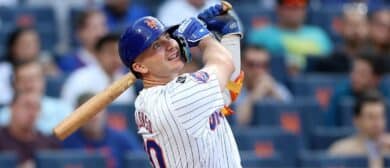 Pete Alonso #20 of the New York Mets takes his turn at bat in the first inning against the Miami Marlins at Citi Field on June 12, 2024 in the Flushing neighborhood of the Queens borough of New York City.