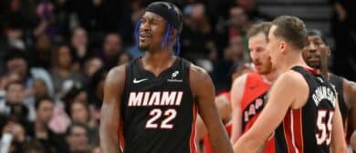Miami Heat forward Jimmy Butler (22) reacts to an officiating call in the first half against the Toronto Raptors at Scotiabank Arena.