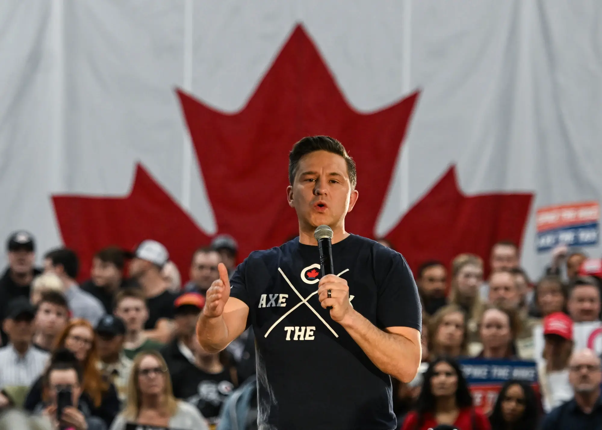Leader of Canada's Conservative Party, Pierre Poilievre, speaks during a 'Spike the Hike - Axe the Tax' rally in Edmonton, on March 27, 2024, in Edmonton, Alberta, Canada. 