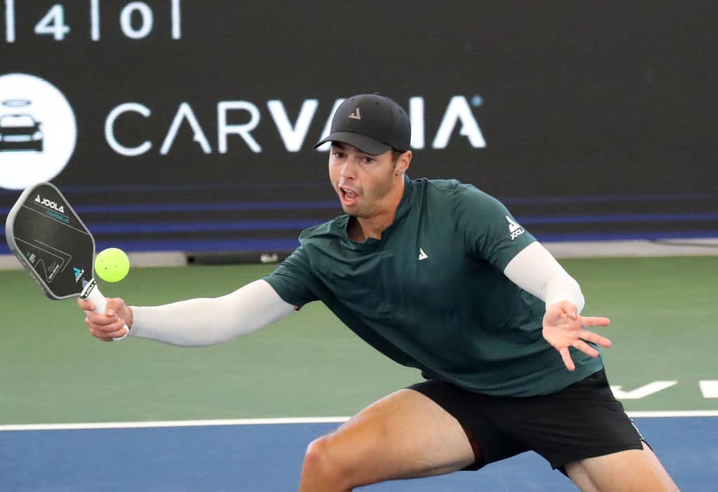 MESA, ARIZONA - FEBRUARY 22: Ben Johns hits a forehand volley shot cross court during the semi-finals match of the Pro Men's Singles division against Connor Garnett in the 2025 PPA Mesa Open Pickleball Tournament at the Arizona Athletic Grounds on February 22, 2025 in Mesa, Arizona. (Photo by Bruce Yeung/Getty Images)