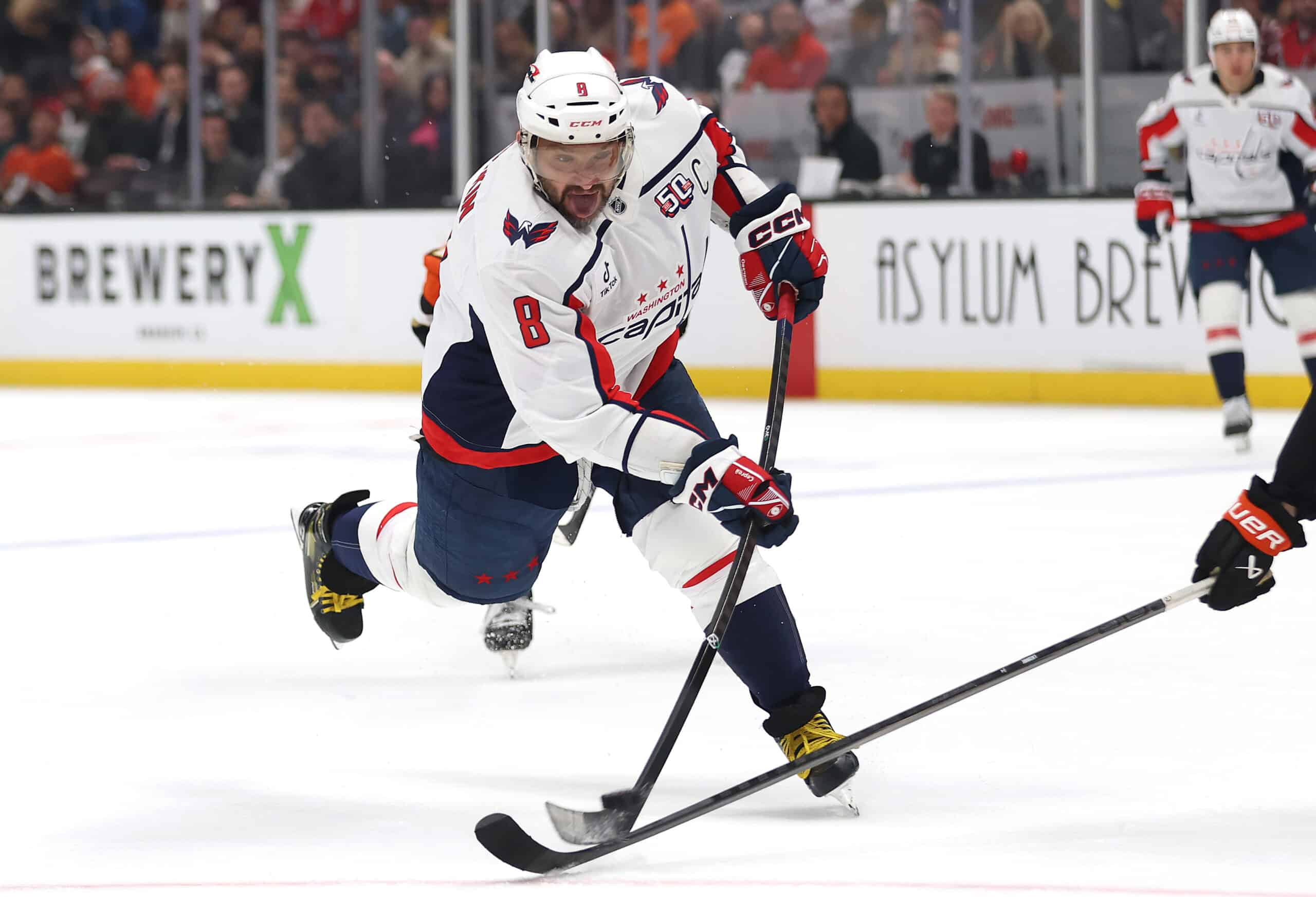 ANAHEIM, CALIFORNIA - MARCH 11: Alex Ovechkin #8 of the Washington Capitals shoots the puck during the third period of a game against the Anaheim Ducks at Honda Center on March 11, 2025 in Anaheim, California. (Photo by Sean M. Haffey/Getty Images)