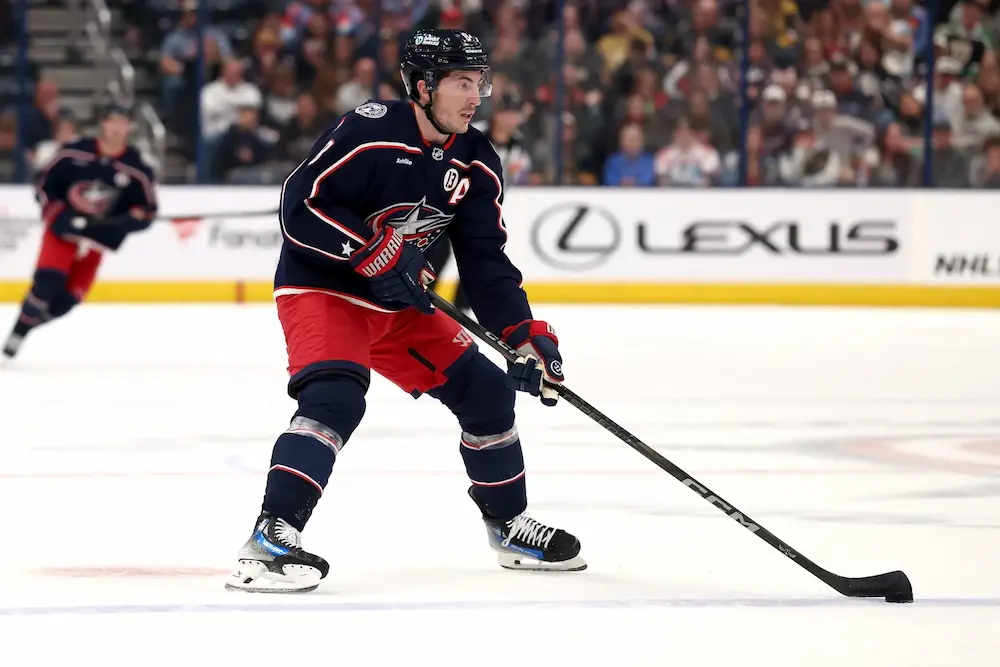 Zach Werenski #8 of the Columbus Blue Jackets controls the puck during the game against the Vegas Golden Knights at Nationwide Arena on March 13, 2025 in Columbus, Ohio. 