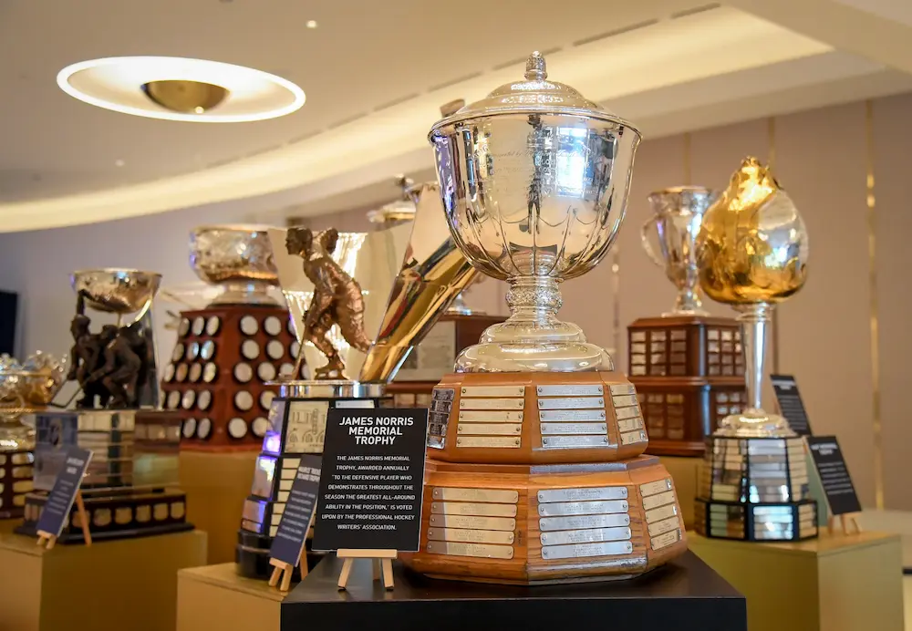 The NHL Awards Trophies on display at Fountainbleau Las Vegas on June 26, 2024 in Las Vegas, Nevada.