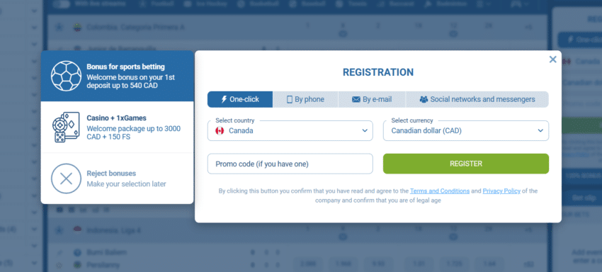 Screenshot of the 1XBET Canada sign up process which allows users to choose from four different registration methods.