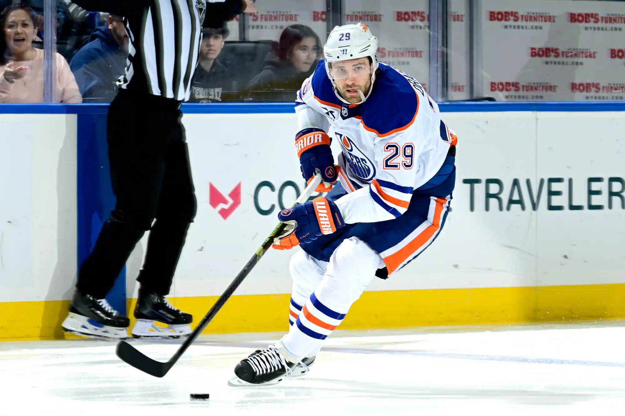 Leon Draisaitl #29 of the Edmonton Oilers skates with the puck against the New York Islanders during the game at UBS Arena on March 14, 2025 in Elmont, New York.