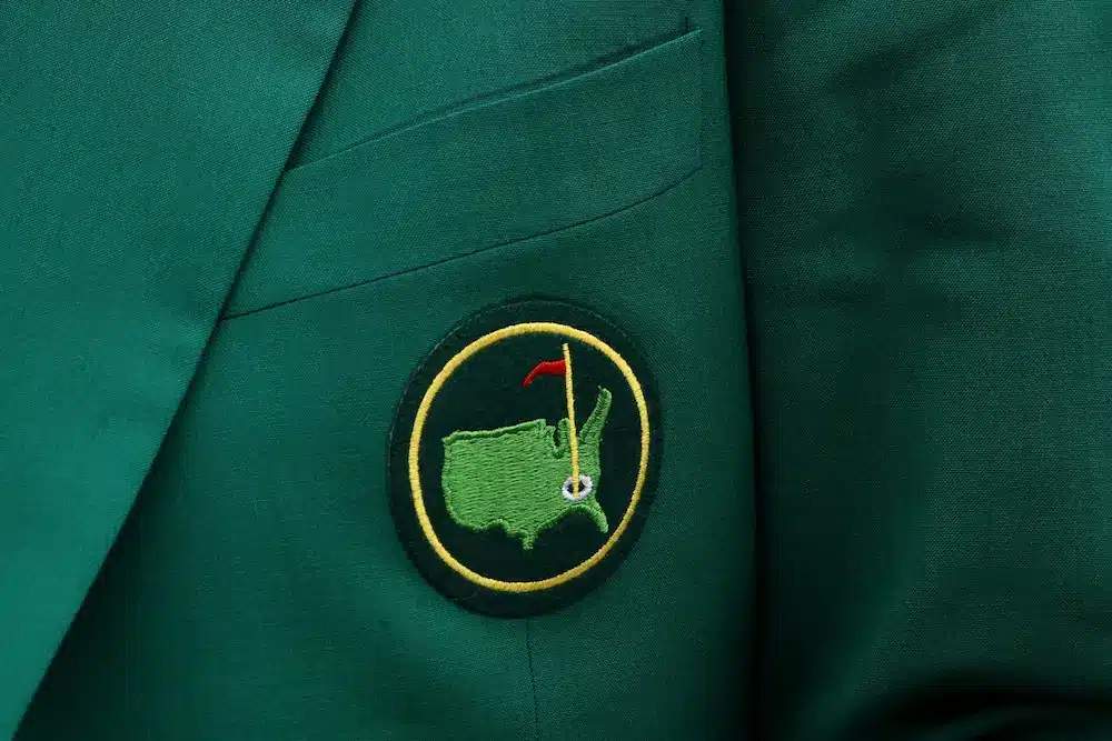 A detail of the Masters logo patch on a green jacket during the third round of the Masters at Augusta National Golf Club in Augusta, Georgia.