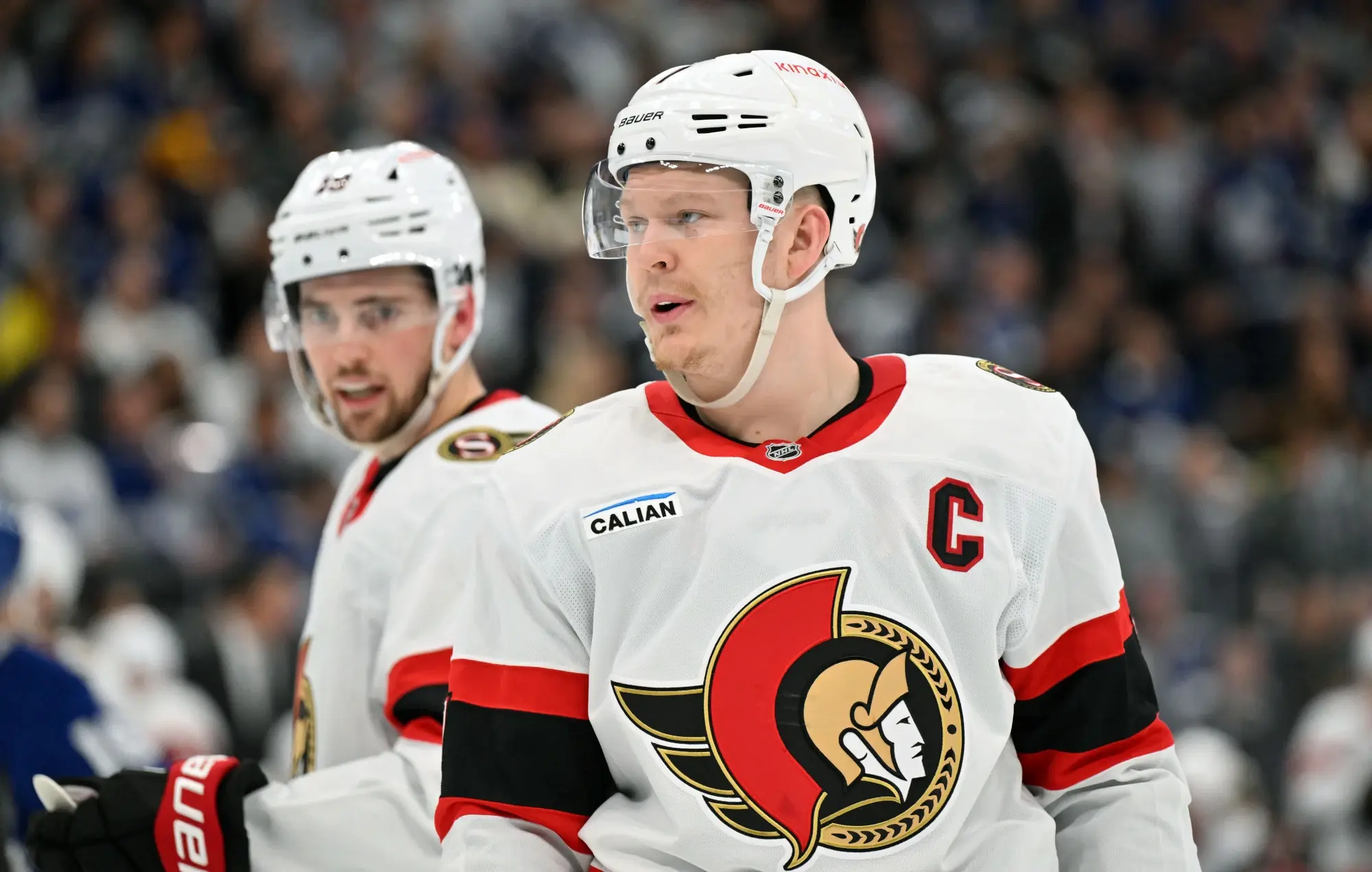 Apr 22, 2025; Toronto, Ontario, CAN; Ottawa Senators forward Brady Tkachuk (7) speaks with forward Drake Batherson (19) in the second period against the Toronto Maple Leafs in game two of the first round of the 2025 Stanley Cup Playoffs at Scotiabank Arena. 