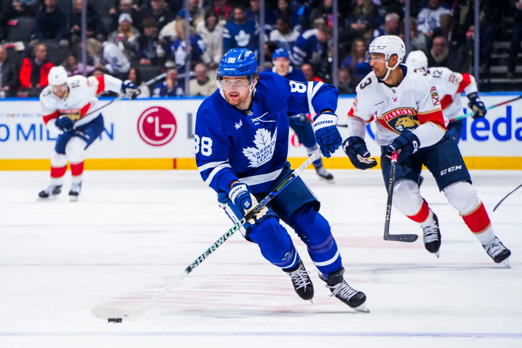 William Nylander #88 of the Toronto Maple Leafs plays the puck during the second period against the Florida Panthers at the Scotiabank Arena on April 2, 2025 in Toronto, Ontario, Canada.