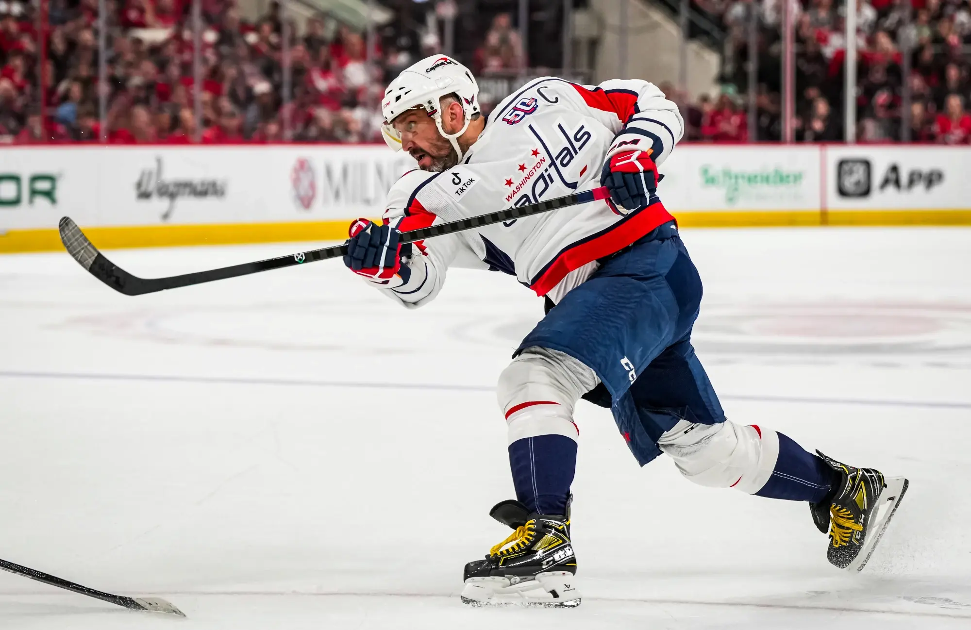 Alex Ovechkin #8 of the Washington Capitals shoots the puck during the second period against the Carolina Hurricanes at Lenovo Center on April 2, 2025 in Raleigh, North Carolina. 