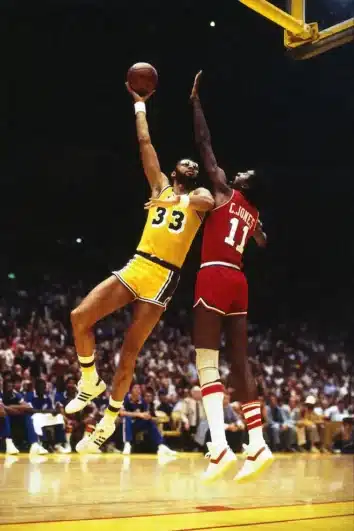Kareem Abdul-Jabbar #33 of the Los Angeles Lakers shoots a skyhook. Kareem Abdul-Jabbar won a record six NBA MVP awards in his career.