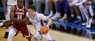 Cooper Flagg #2 of the Duke Blue Devils drives to the basket during the Elite 8 round of the NCAA Men's Basketball Tournament game against the Alabama Crimson Tide on March 29, 2025 at the Prudential Center in Newark, New Jersey.
