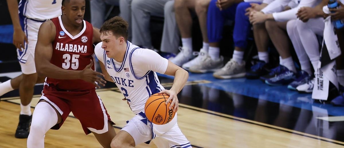 Cooper Flagg #2 of the Duke Blue Devils drives to the basket during the Elite 8 round of the NCAA Men's Basketball Tournament game against the Alabama Crimson Tide on March 29, 2025 at the Prudential Center in Newark, New Jersey.