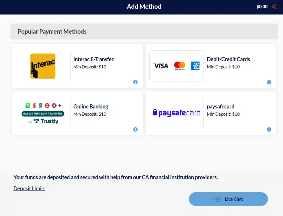 A desktop screenshot view of Sports Interaction's cashier page showing Interac e-Transfer as a payment option.