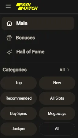Parimatch Casino Canada Navigation