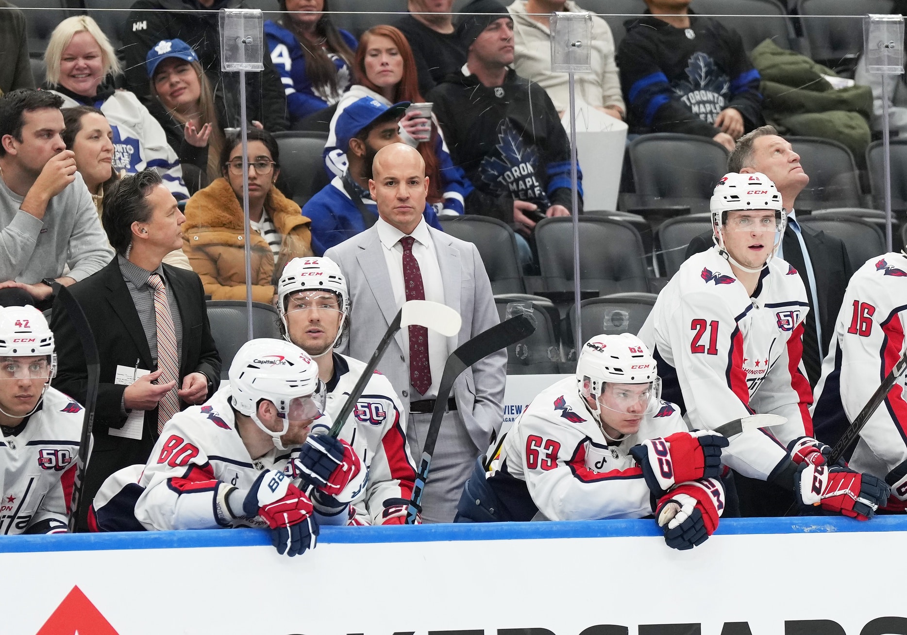 Dec 6, 2024; Toronto, Ontario, CAN; Washington Capitals head coach Spencer Carbery watches the play against the Toronto Maple Leafs during the third period at Scotiabank Arena. Mandatory Credit: Nick Turchiaro-Imagn Images