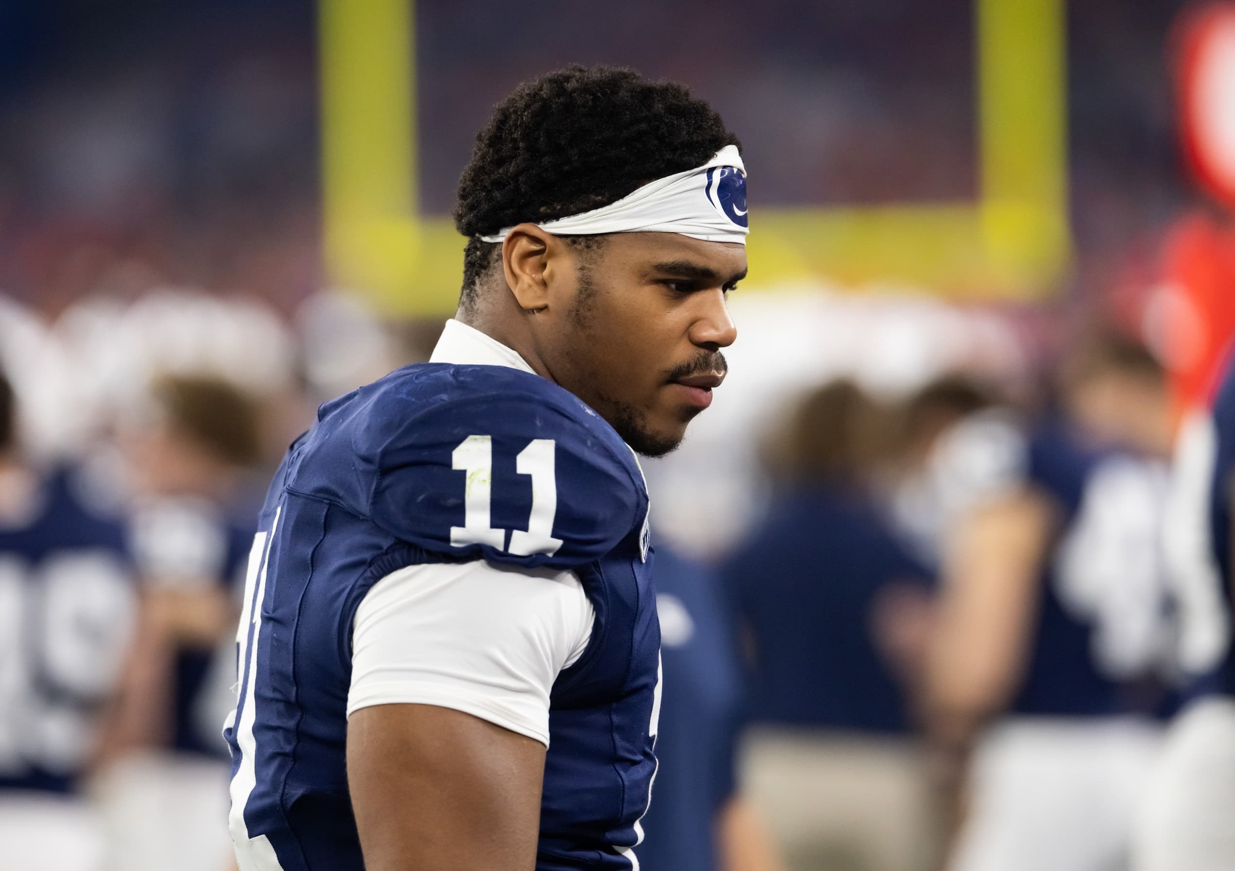 Dec 31, 2024; Glendale, AZ, USA; Penn State Nittany Lions defensive end Abdul Carter (11), who currently stands likely to drafted second overall (as per the NFL draft odds) against the Boise State Broncos in the Fiesta Bowl at State Farm Stadium. Mandatory Credit: Mark J. Rebilas-Imagn Images