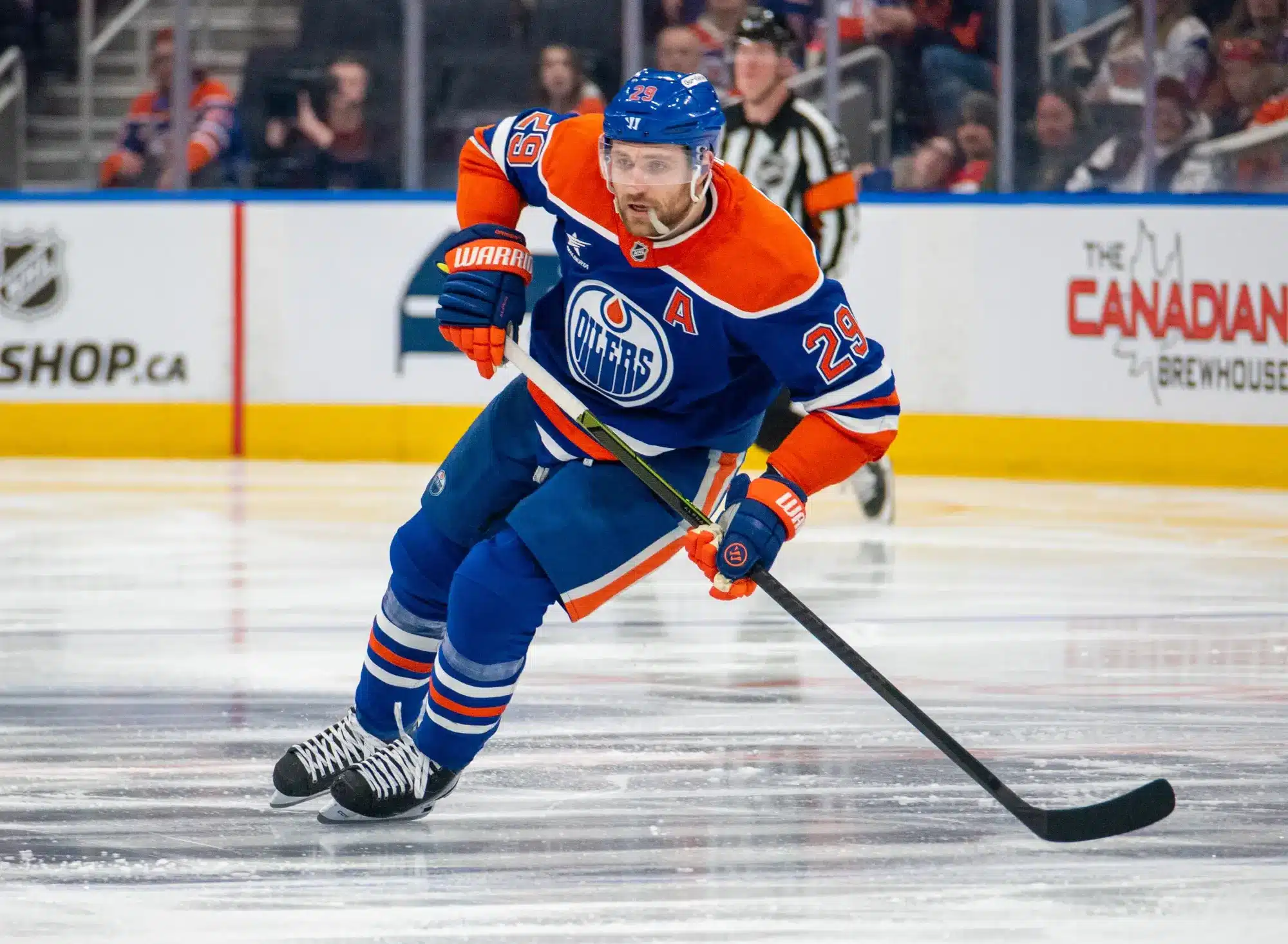 Leon Draisaitl #29 of the Edmonton Oilers in action during the game against the Calgary Flames at Rogers Place on March 29, 2025, in Edmonton, Alberta, Canada.
