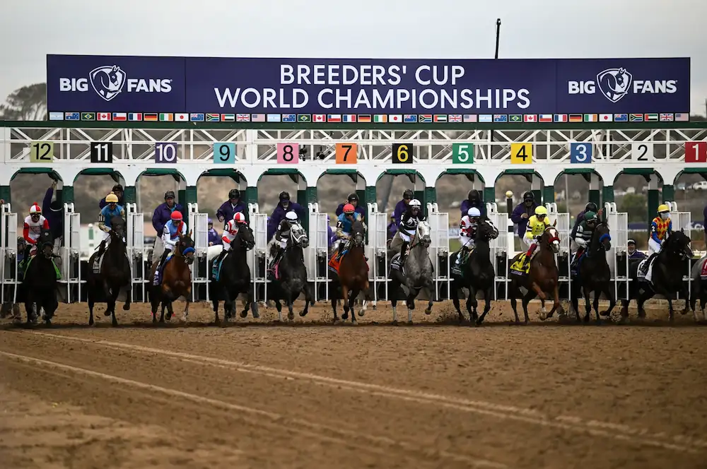 Nov 2, 2024; Del Mar, CA, USA; Horses leave the gate for the Dirt Mile race at the 2024 Breeders' Cup Championship at Del Mar Thoroughbred Club. 