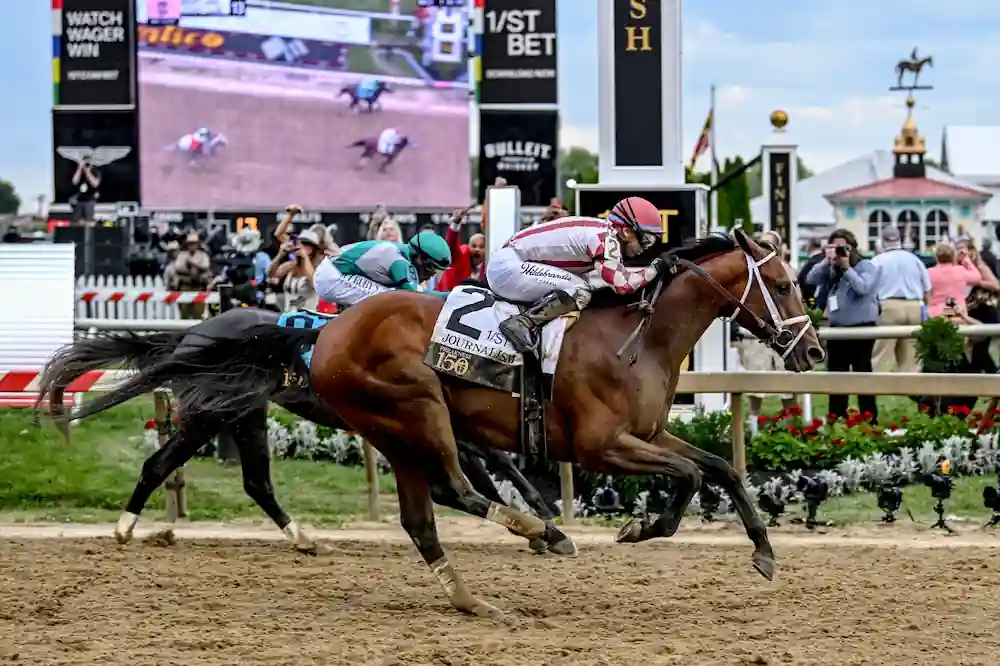 May 17, 2025; Baltimore, Maryland, USA; Journalism (2) with Umberto Rispoli defeats Gosger (9) with Irad Ortiz Jr. to win the running of the 150th Preakness stakes.