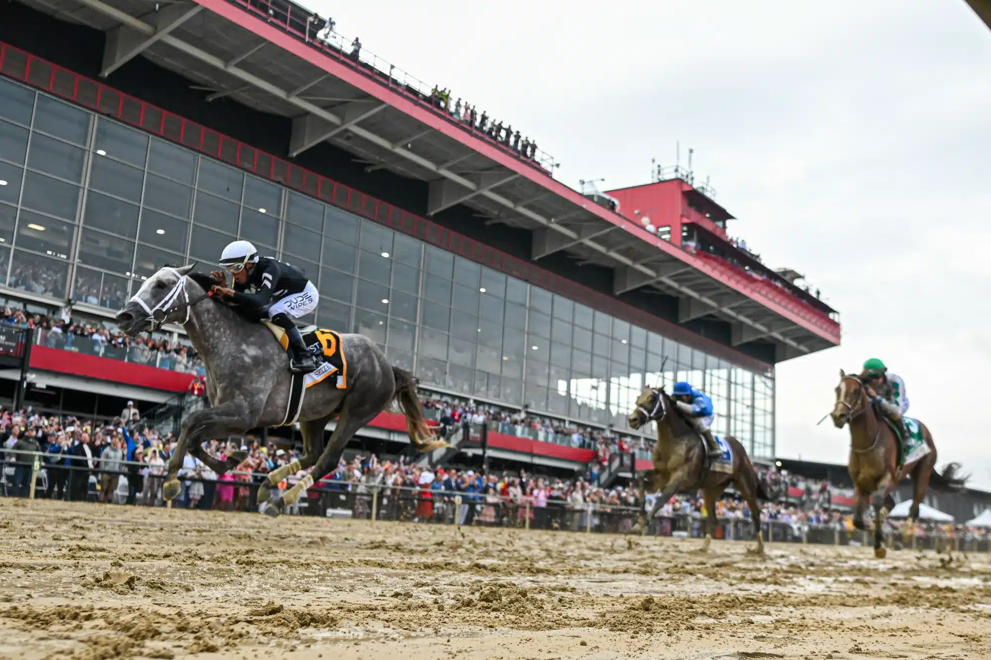 May 18, 2024; BaltimMay 18, 2024; Baltimore, Maryland, USA; Jamie Torres aboard Seize the Grey (6) wins the running of the 149th Preakness Stakes at Pimlico Race Course.