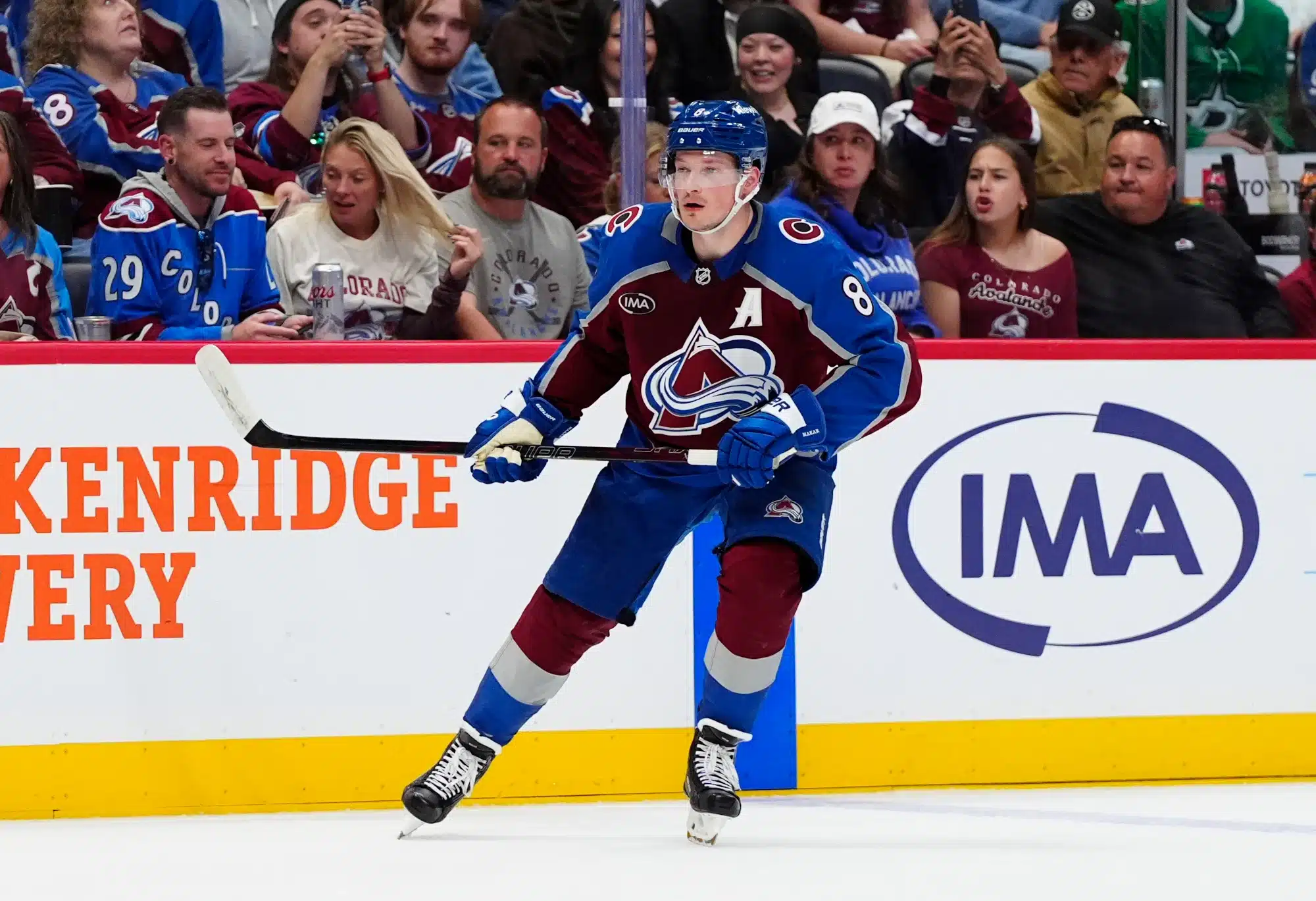 Mar 25, 2025; Denver, Colorado, USA; Colorado Avalanche defenseman Cale Makar (8) during the second period against the Dallas Stars at Ball Arena. 