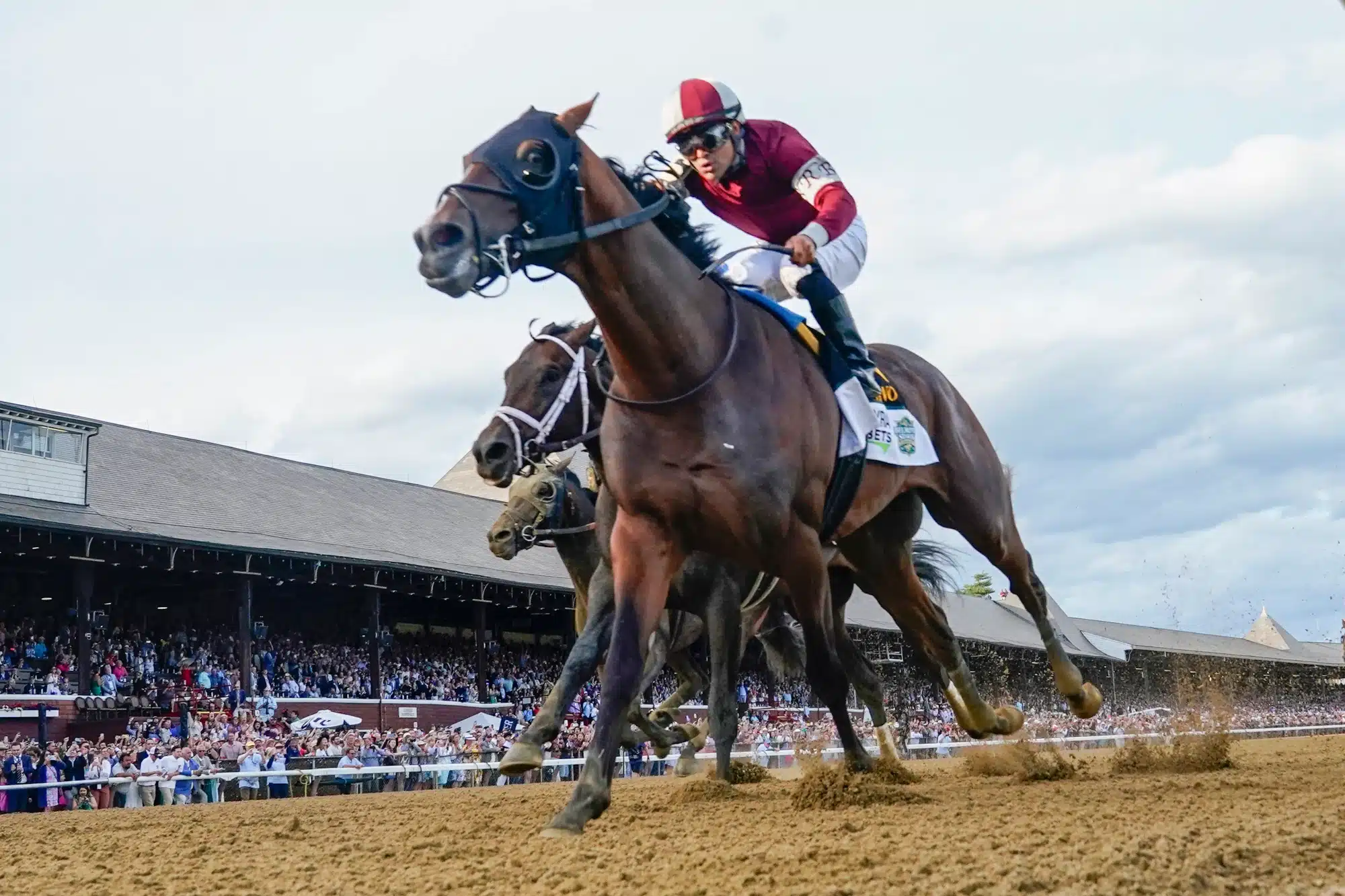 Jun 8, 2024; Saratoga Springs, NY, USA; Dornoch with Luis Saez up (6) wins the Belmont Stakes at Saratoga Race Course. 