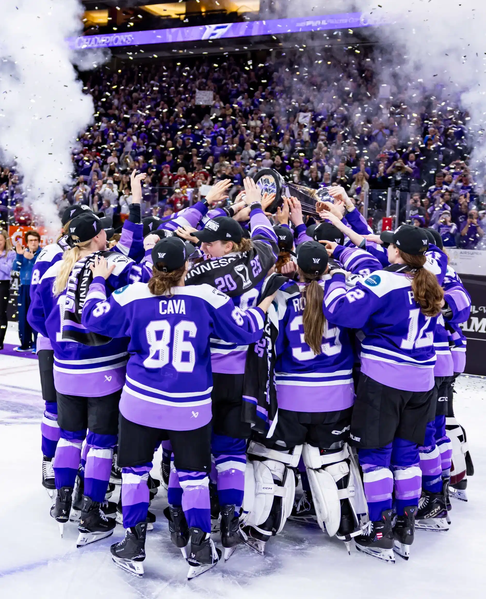 The Minnesota Frost celebrate on the ice with the Walter Cup after defeating the Ottawa Charge 2-1.