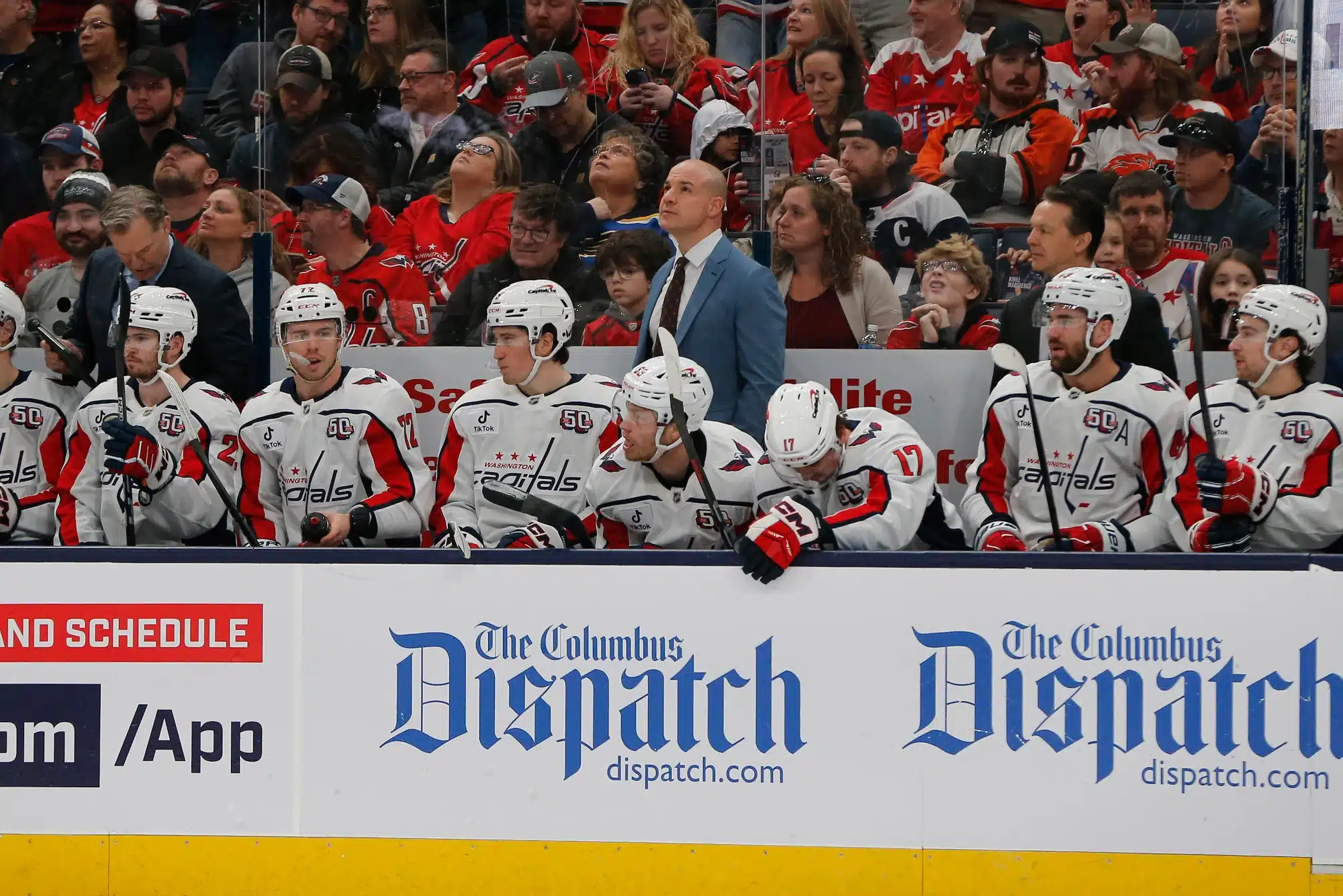 Apr 12, 2025; Columbus, Ohio, USA; Washington Capitals head coach Spencer Carbery looks at a replay against the Columbus Blue Jackets during the first period at Nationwide Arena. 