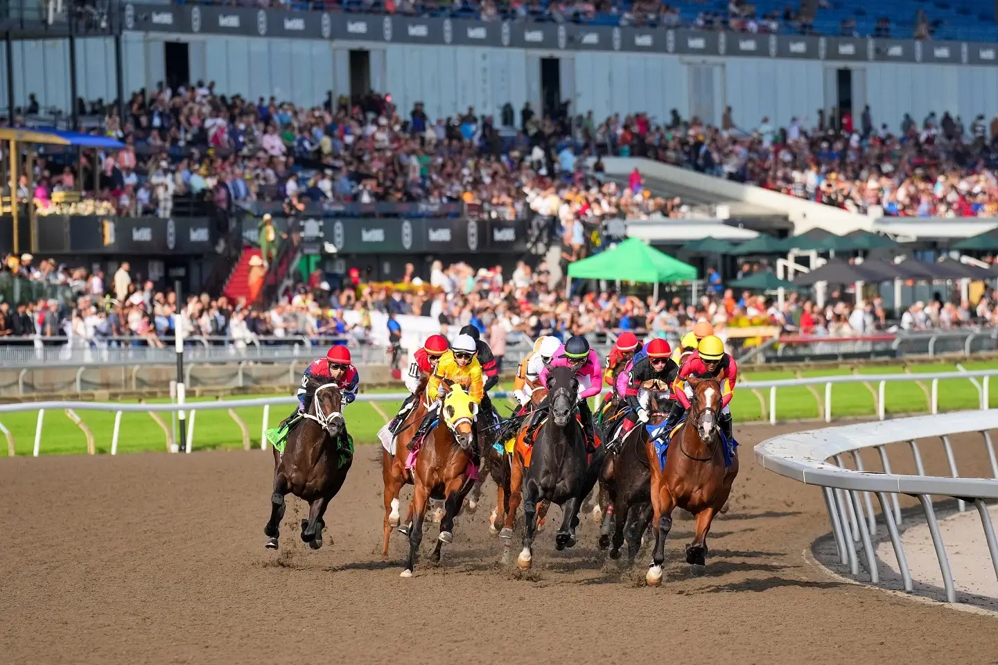 A view if the horses rounding the corner at the running of the 69th Woodbine Oaks race at Woodbine racetrack.