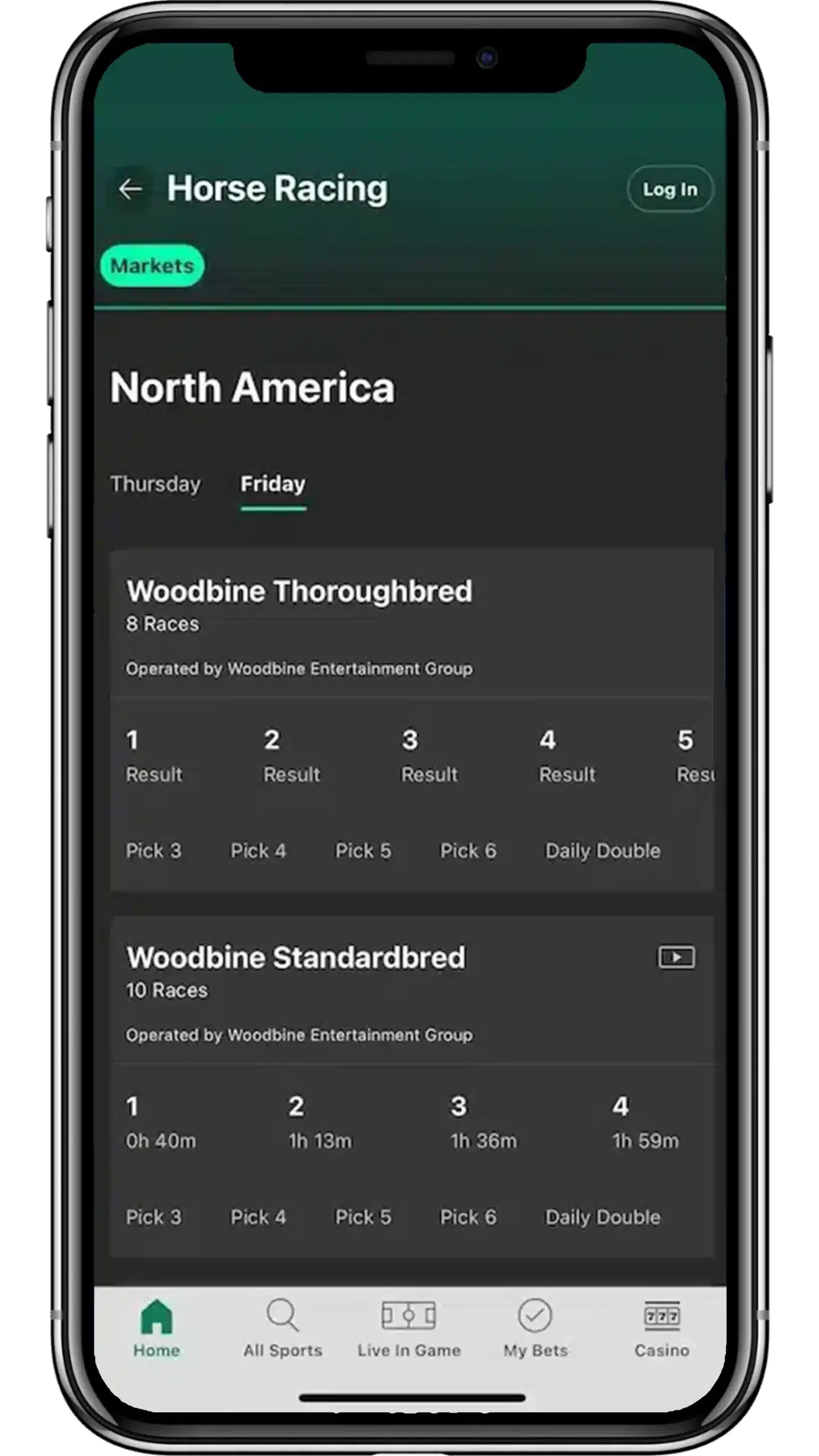 A screenshot of bet365's mobile app showing horse racing screen.