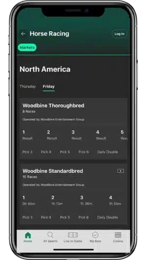 A screenshot of bet365's mobile app showing the bet365 horse racing screen