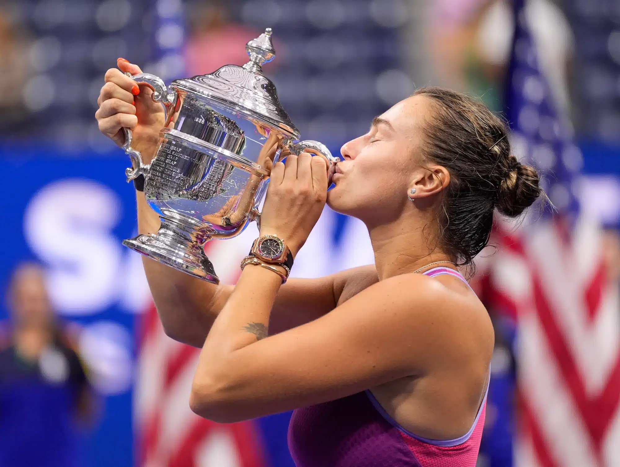 Sept 7, 2024; Flushing, NY, USA Aryna Sabalenka with the US Open Trophy after beating Jessica Pegula (USA) in the women's singles final on day thirteen of the 2024 U.S. Open tennis tournament at USTA Billie Jean King National Tennis Center. 