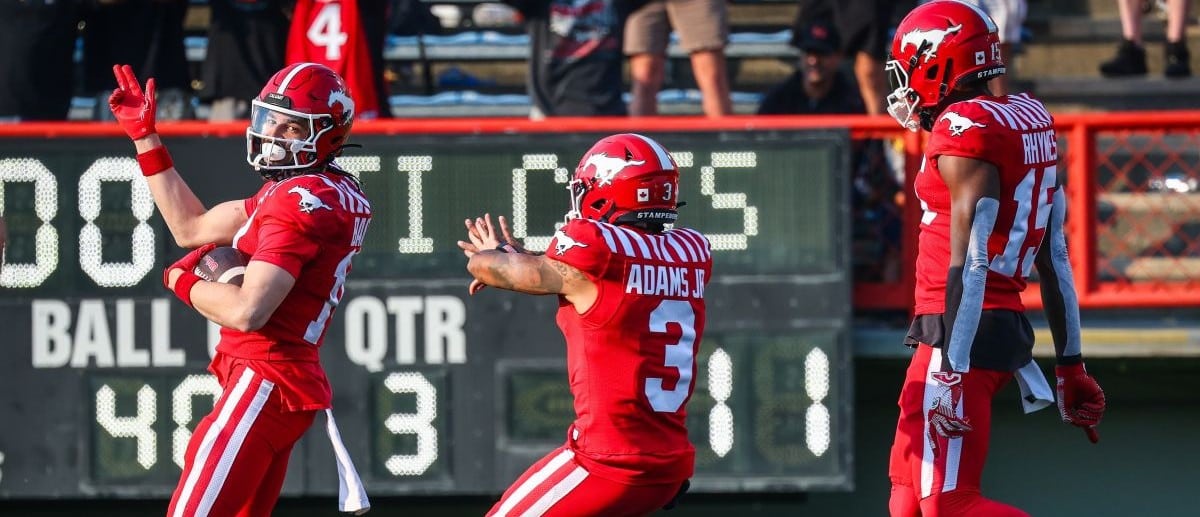 Calgary Stampeders wide receiver Clark Barnes (14) reacts during the second half against the Hamilton Tiger-Cats at McMahon Stadium.