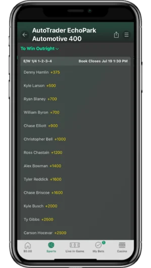 bet365 mobile app NASCAR odds screen (1)