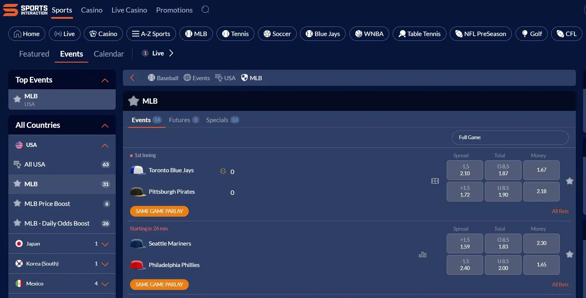 A screenshot of the desktop view of Sports Interactions MLB odds