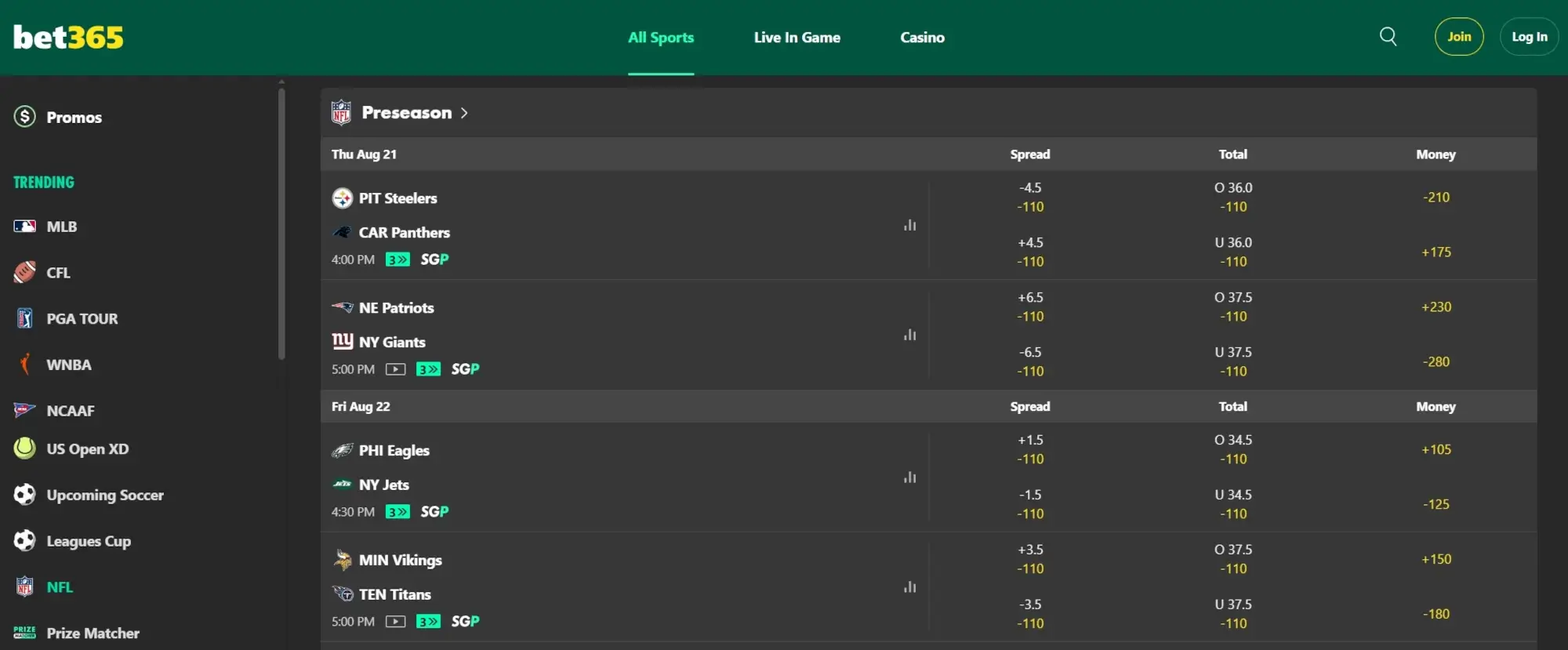 A screenshot of the desktop view of bet365's NFL Odds.