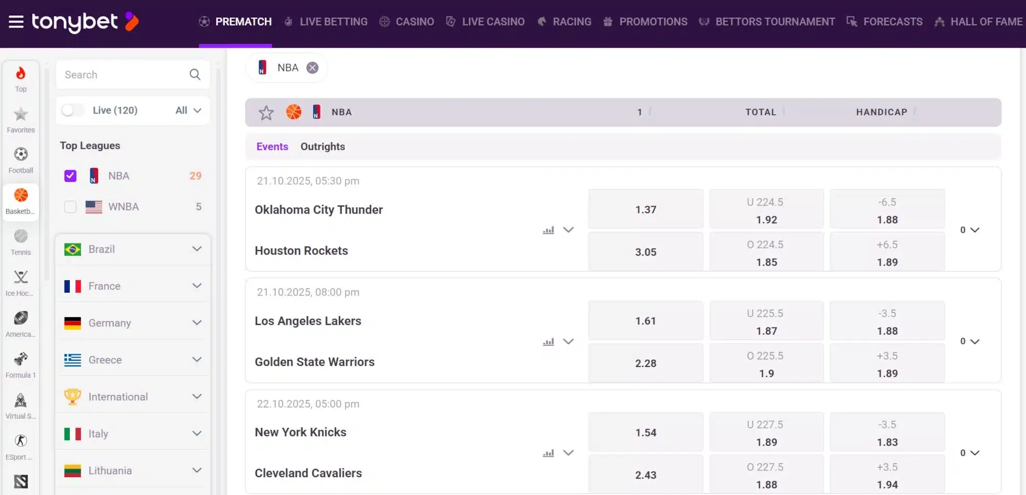A screenshot of the desktop view of TonyBet's NBA betting odds