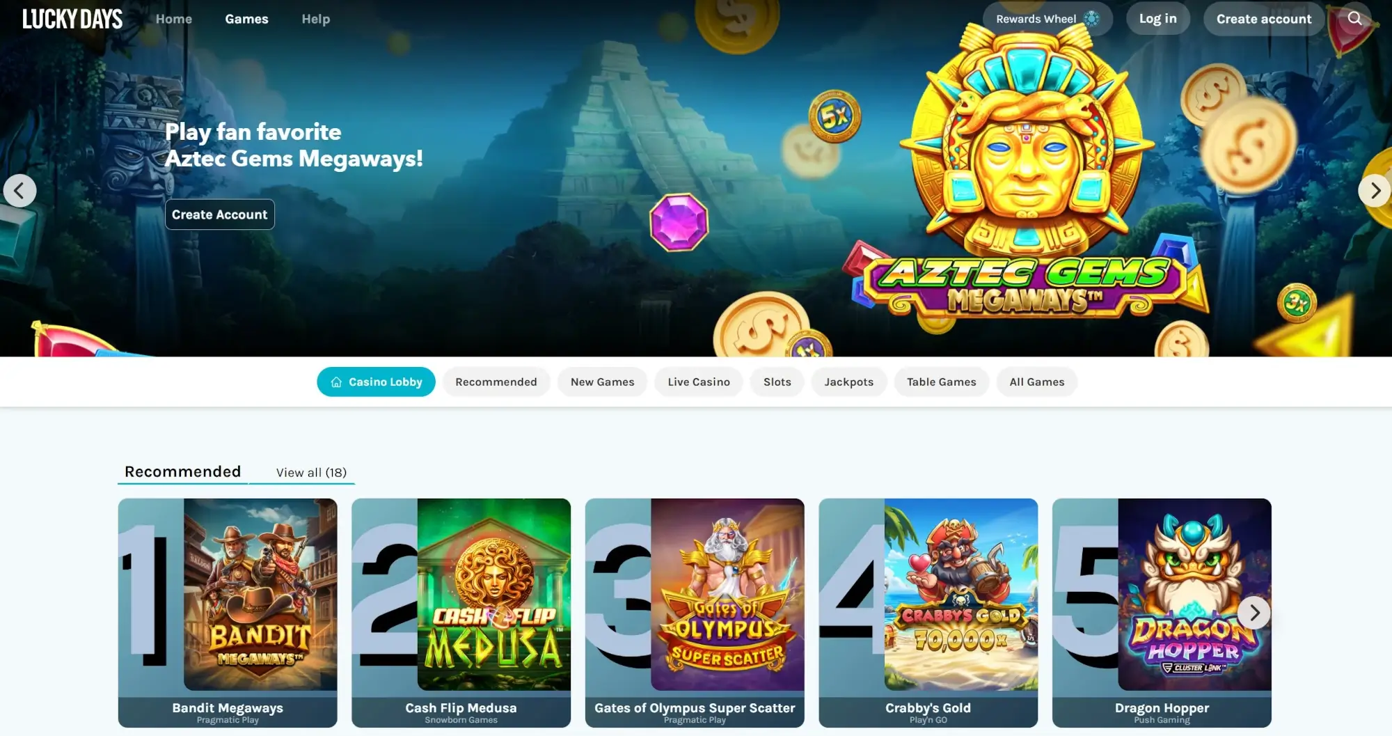 A screenshot desktop view of Lucky Days Casino homepage